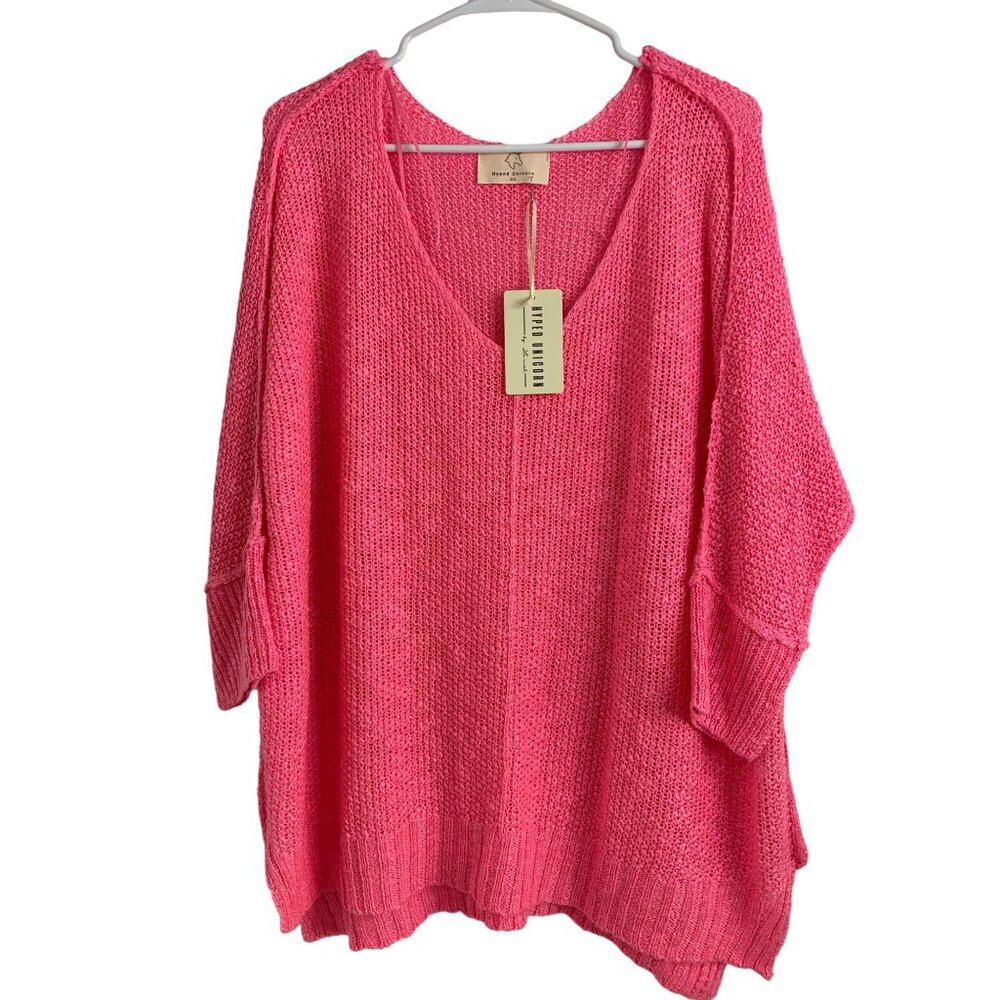 Womens Hyped Unicorn Pink Knit Sweater M/L 3/4 Sleeve Boxy Relaxed NWT 7511
